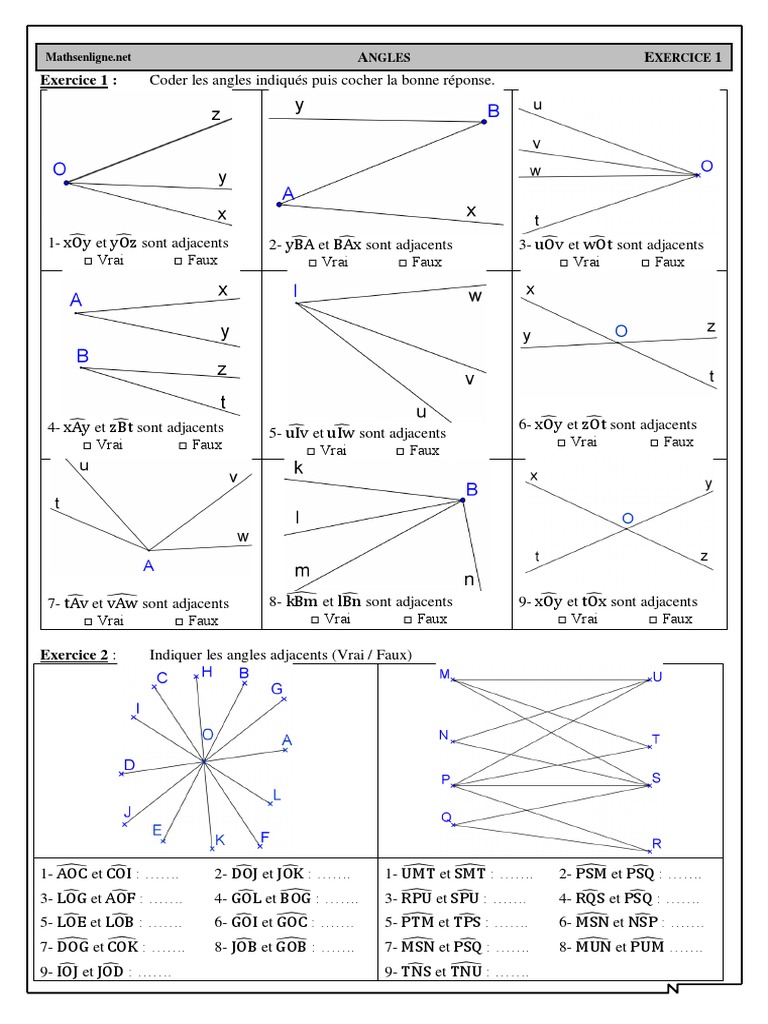 Exercices Corrigés Angles Et Parallélisme 5ème Pdf Chap 06 - Ex 1 - Angles Adjacents - CORRIGE | PDF