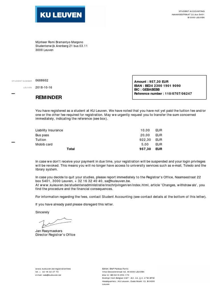 KU Leuven Tuition Fee Payment Reminder | PDF | Banking | Payments
