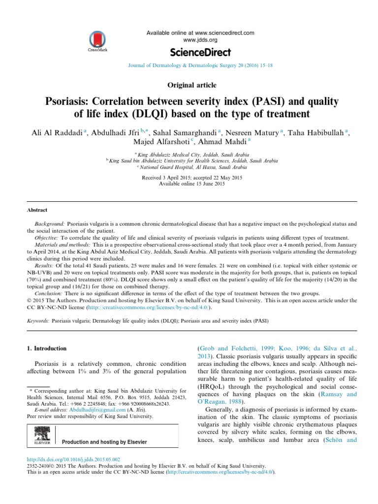 Psoriasis Correlation Between Severity Index (PASI) and Quality of Life ...