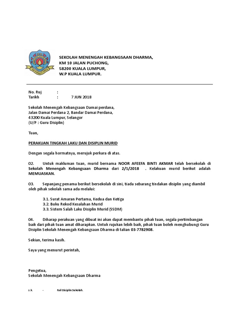 Surat Akuan Disiplin Murid 2018 Pdf