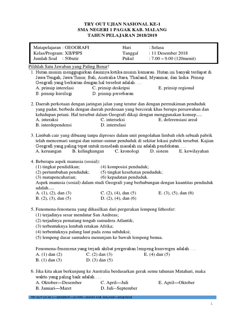 Naskah Soal Try Out Un Ke 1 Geo Xii Pips Smapa Kab Mlg 2018 2019 Iswahyudiharto