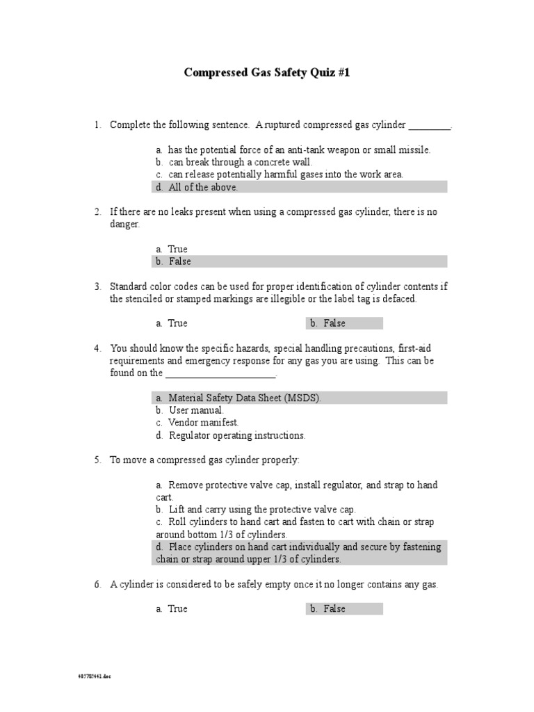 QUIZ Compressed Gas Safety 2 Answers PDF Gases Nature