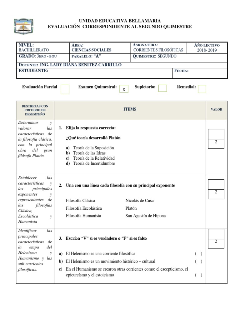 Evaluación correspondiente al 1er quimestre 1er parcial 2do