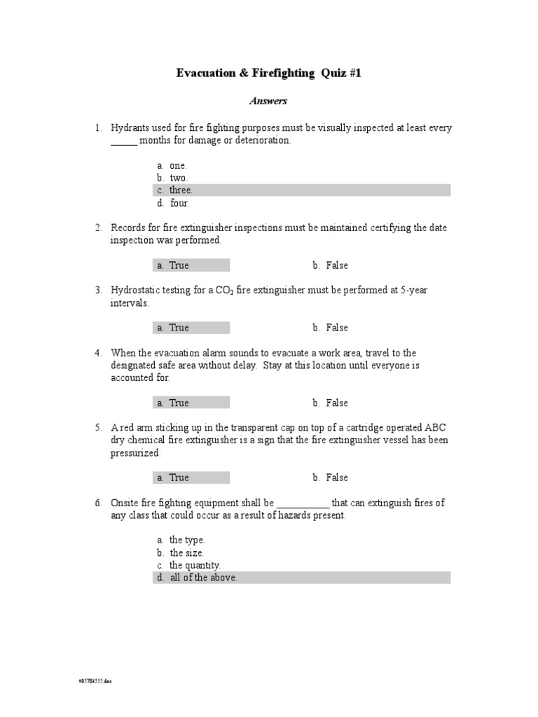 QUIZ EvacuationFireFighting1Answers PDF Firefighting Fires