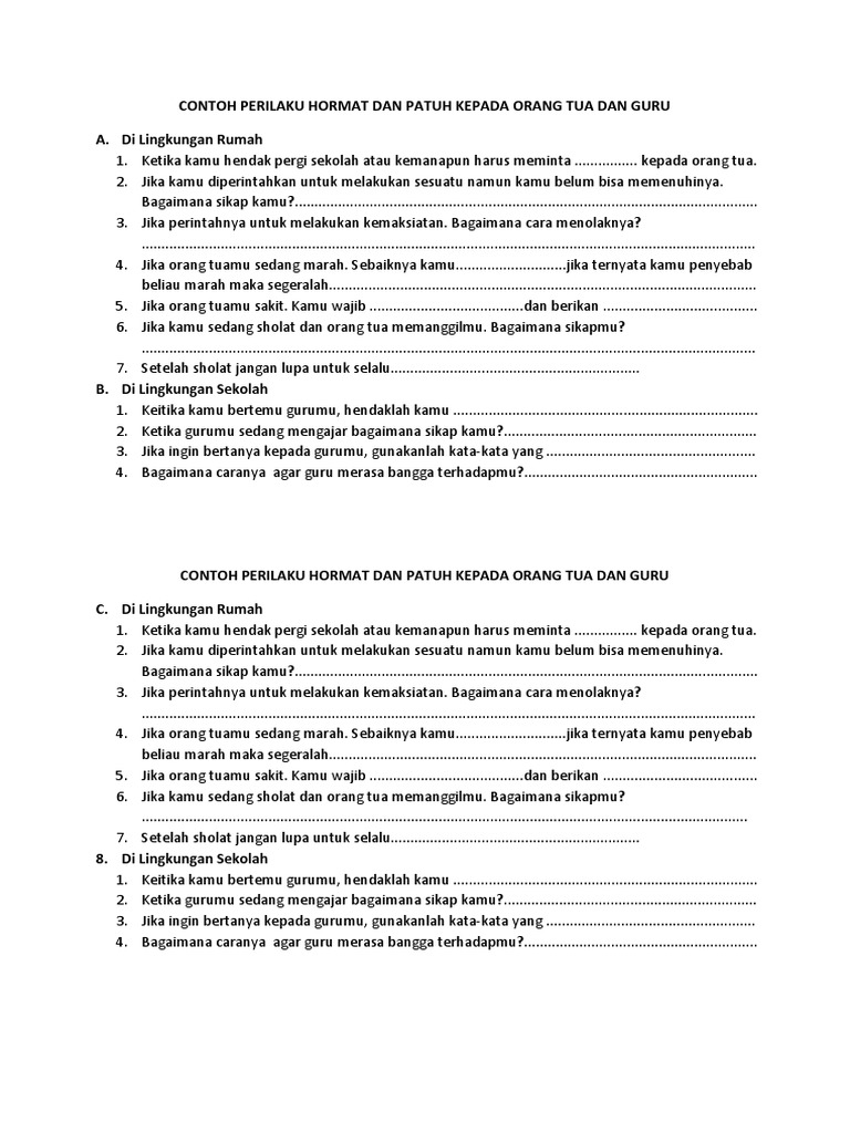 Contoh Perilaku Hormat Dan Patuh Kepada Orang Tua Dan Guru