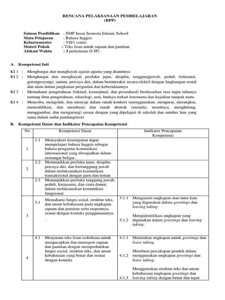 Rpp Bahasa Inggris K13 Kelas 7 Greeting And Leave Taking