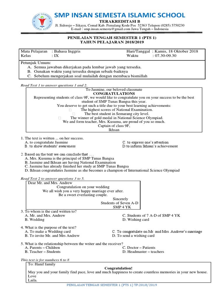 Pdf Soal Bahasa Inggris Kelas 9 Semester Ganjil Kurikulum Ktsp