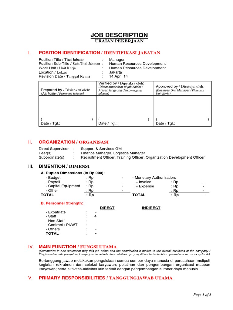 Contoh Job Description Manager SDM | PDF