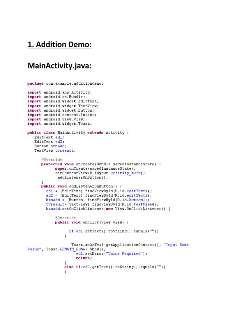 Addition Demo: Mainactivity - Java | PDF | Computer Programming ...