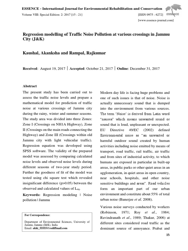 Traffic Noise Regression Model in Jammu | PDF | Correlation And ...