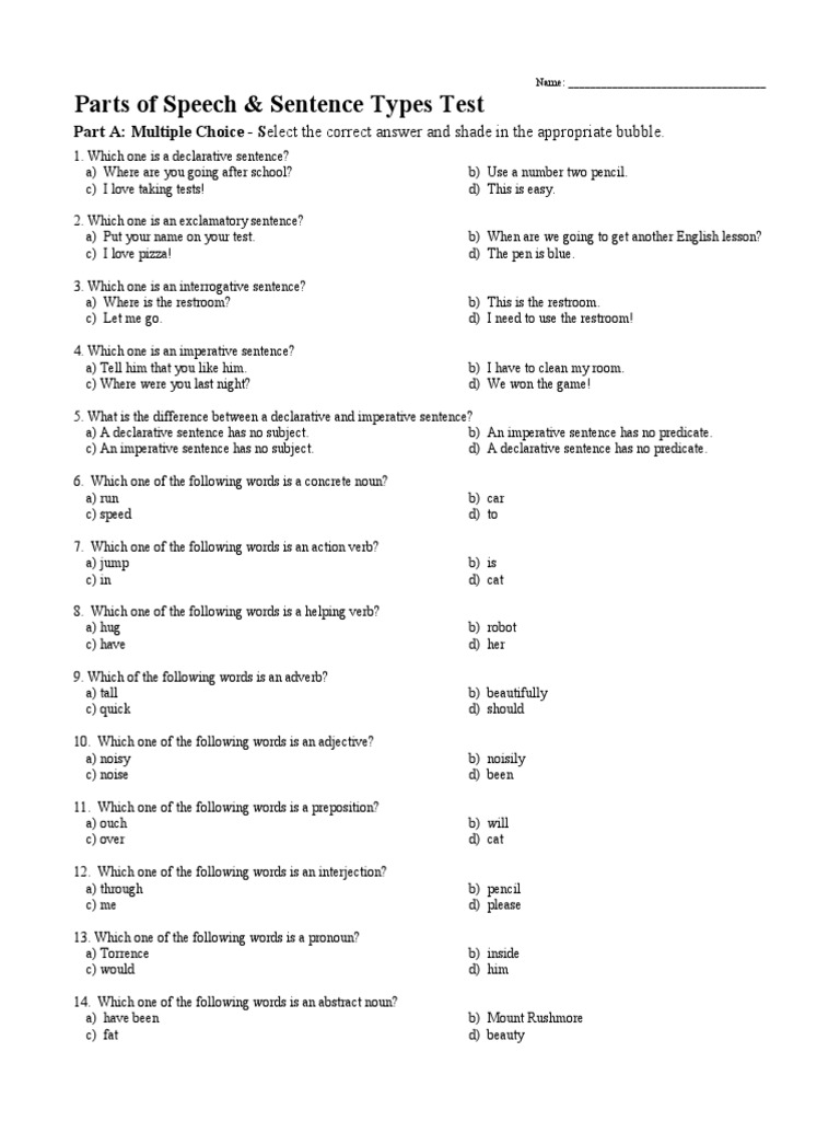 Parts of Speech Test | Download Free PDF | Part Of Speech | Verb
