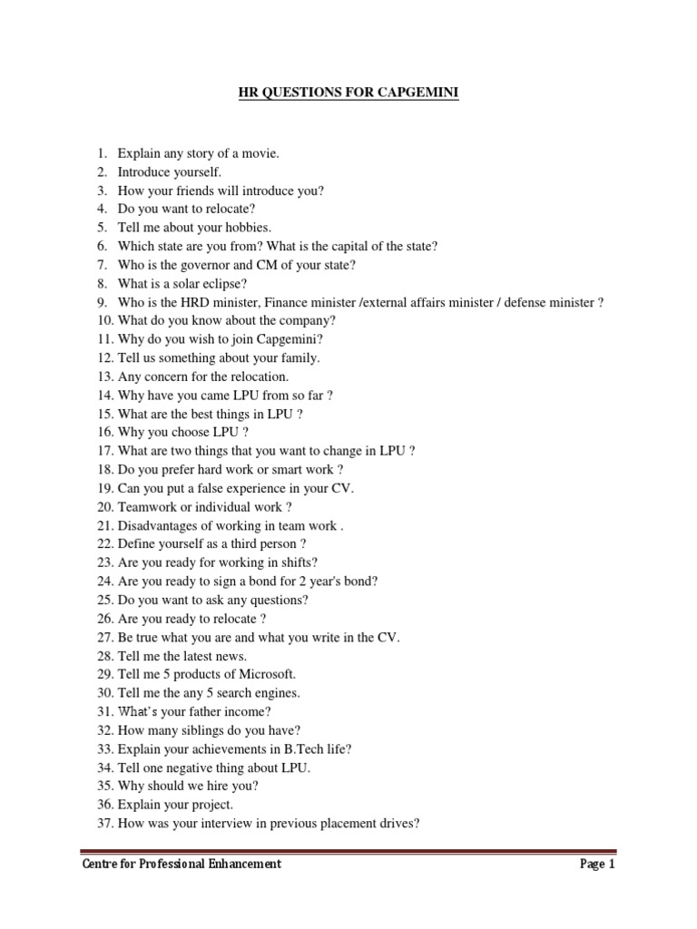 Capgemini HR Questions PDF
