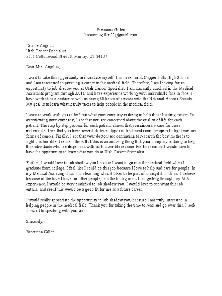 Job Shadow Request for Medical Career | PDF