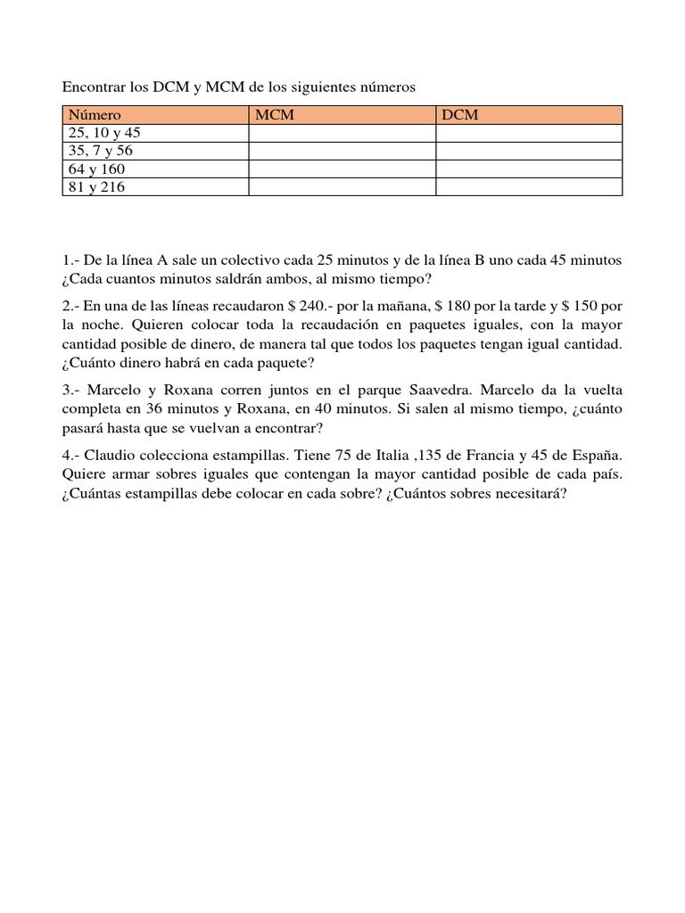 DCM y MCM Problemas | PDF | Deportes | Ocio
