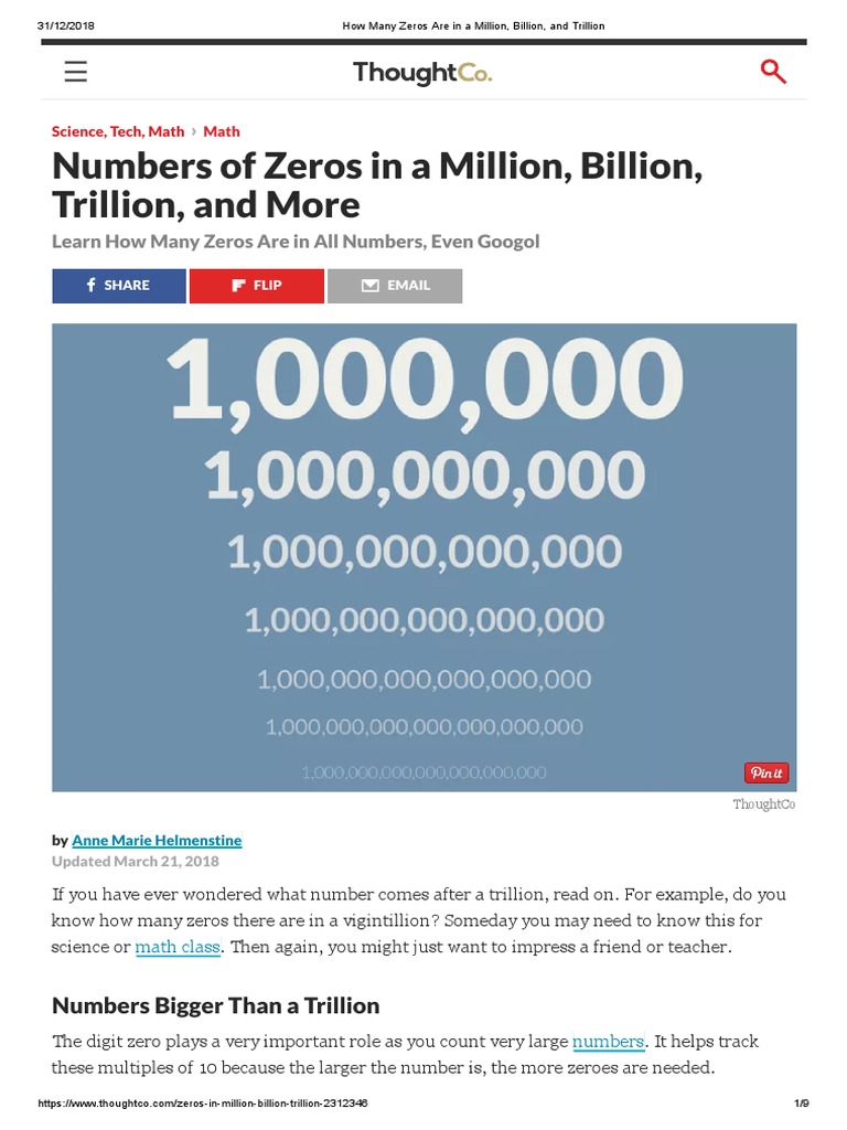 How Many Zeros In A Billion How Many Zeros Are in A Million, Billion, and Trillion | PDF | Mathematical  Notation | Lexicology