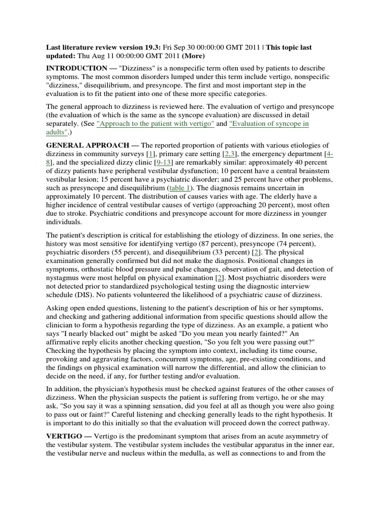 Understanding Dizziness and Vertigo Evaluation | PDF | Vertigo | Major ...