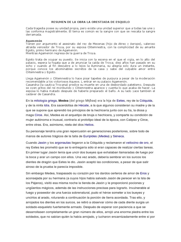 Resumen de La Obra La Orestiada de Esquilo PDF Caracteres mitológicos griegos Religión