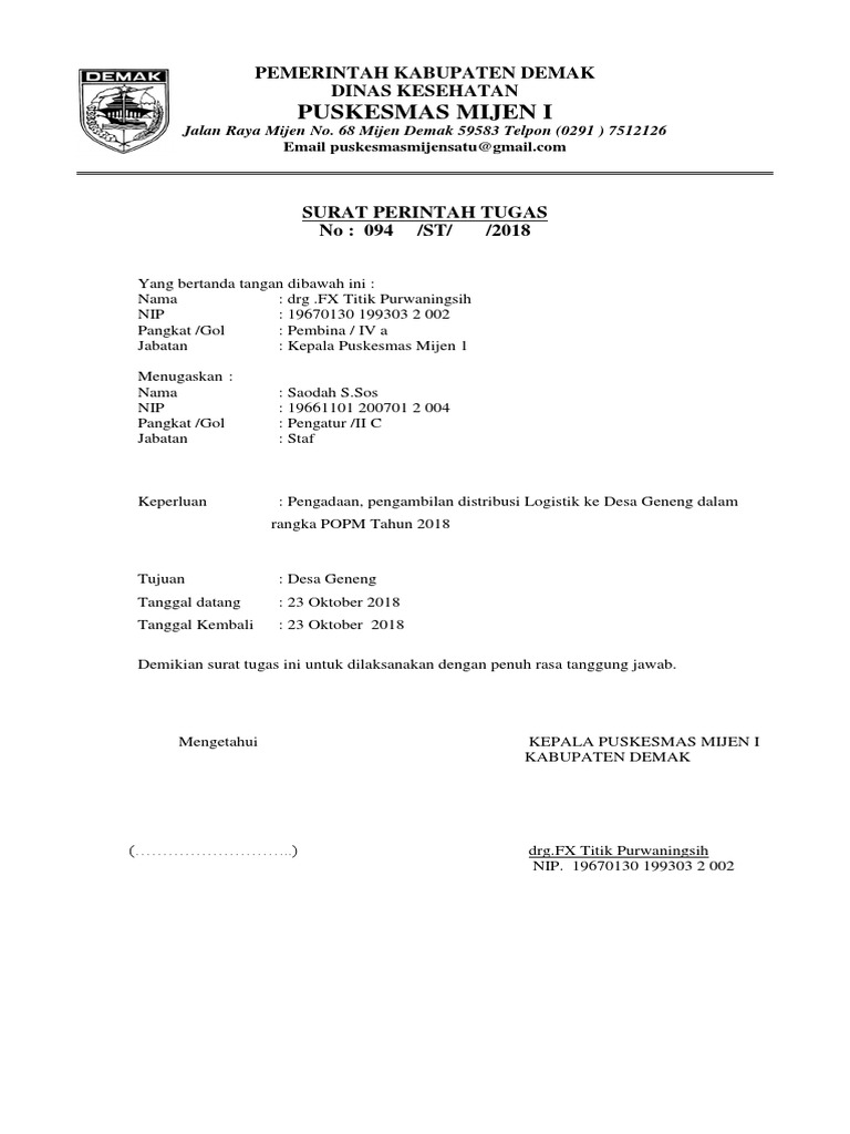 Surat Tugas Petugas Distribusi Obat
