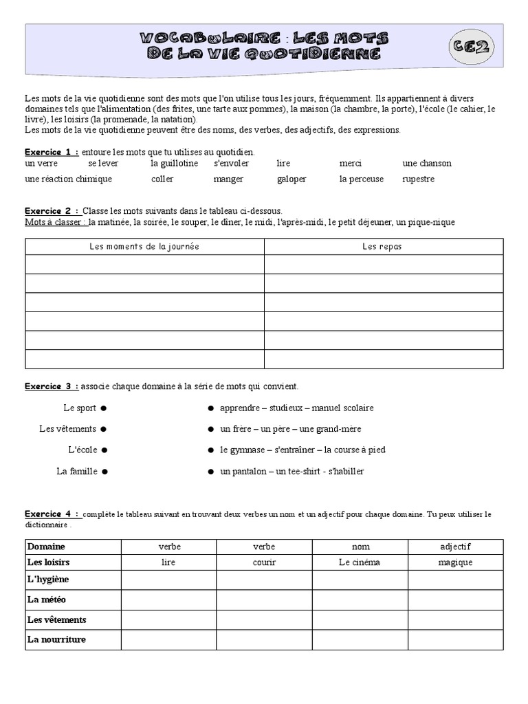Vocabulaire Les Mots De La Vie Quotidienne Ce2 Exercice 1