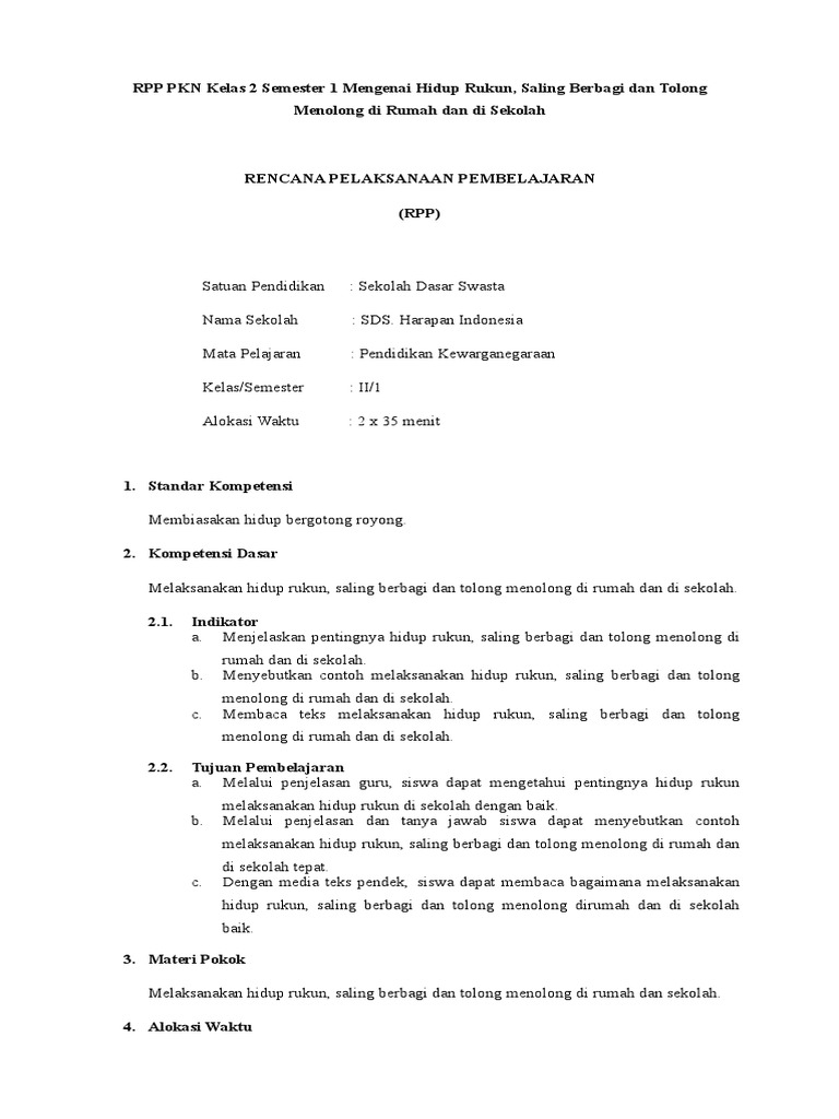 Rpp Pkn Kelas 2 Semester 1 Mengenai Hidup Rukun