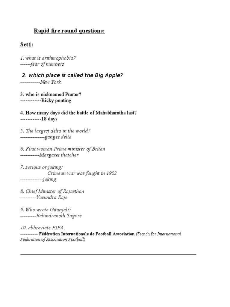 Rapid Fire Round Questions