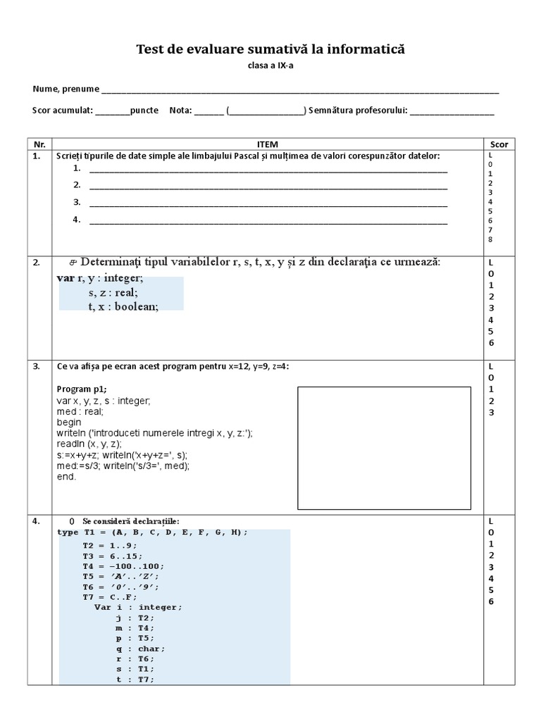 Test Clasa 9 Evaluare | PDF