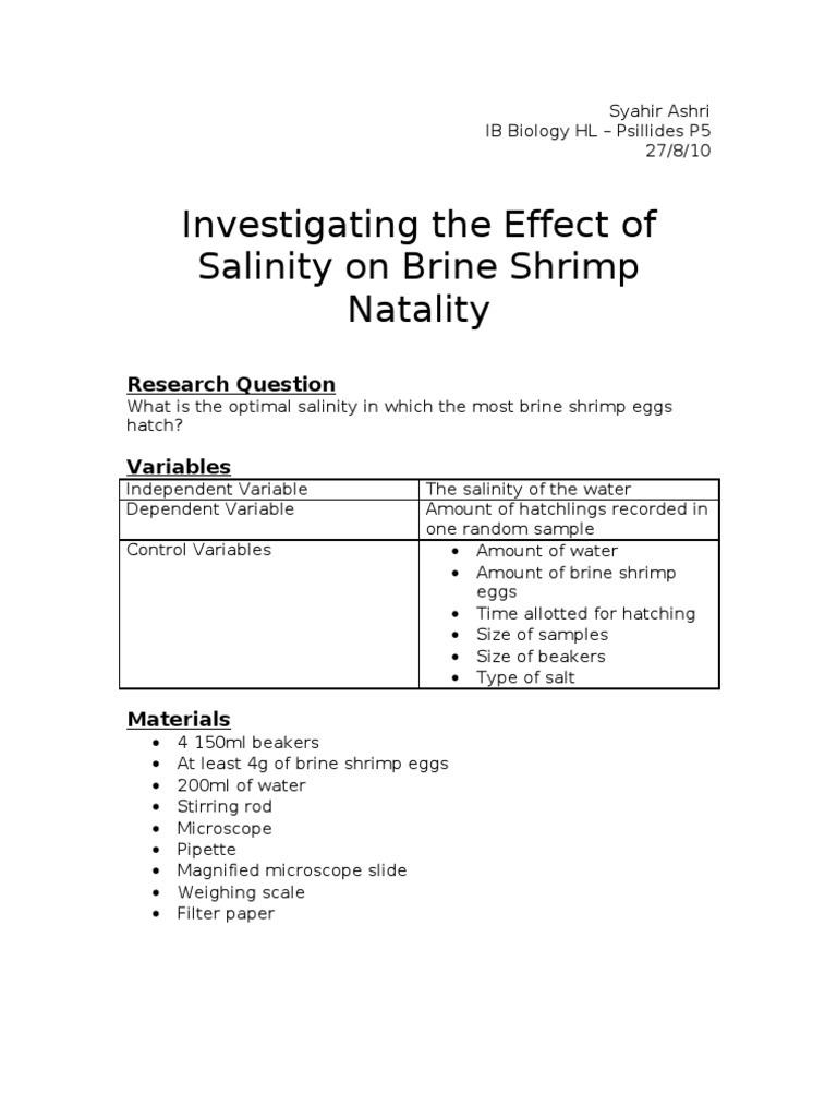 Investigating The Effect of Salinity On Brine Shrimp Natality ...