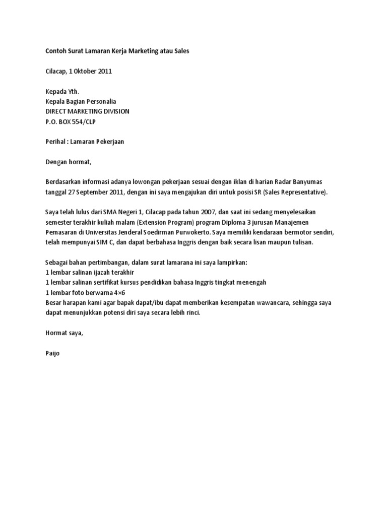 Download 89+ Contoh Surat Surat Lamaran Kerja Marketing Gratis