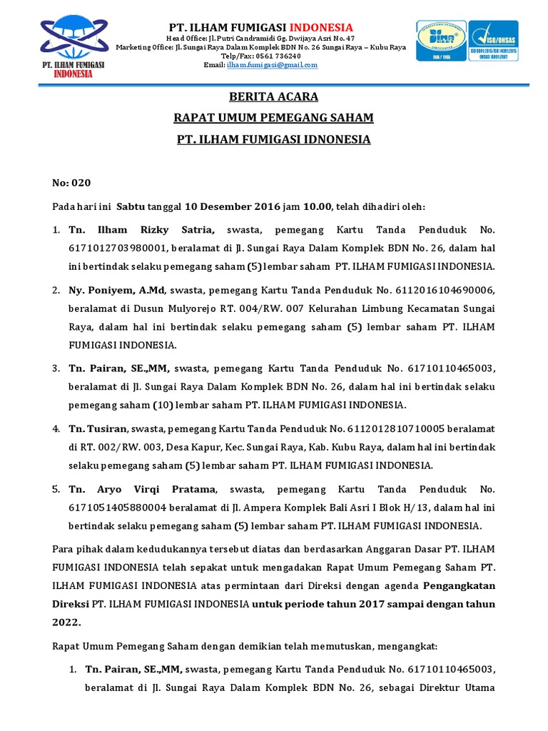Berita Acara RUPS PT Ilham Fumigasi | PDF
