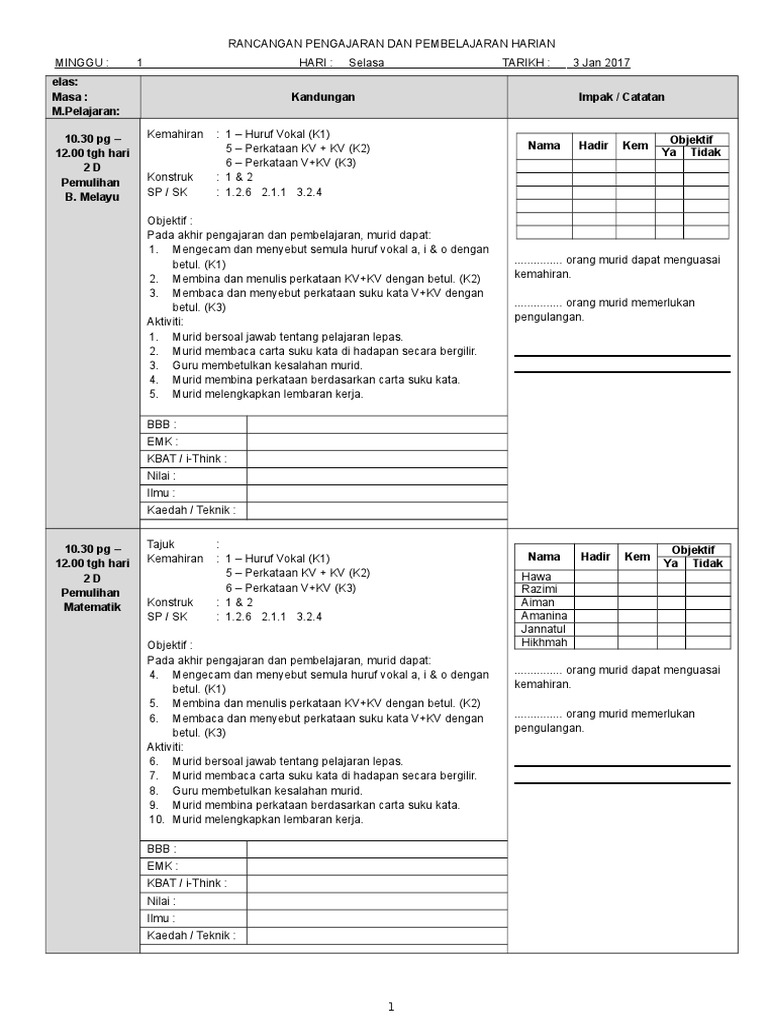 Contoh RPH Pemulihan Word | PDF