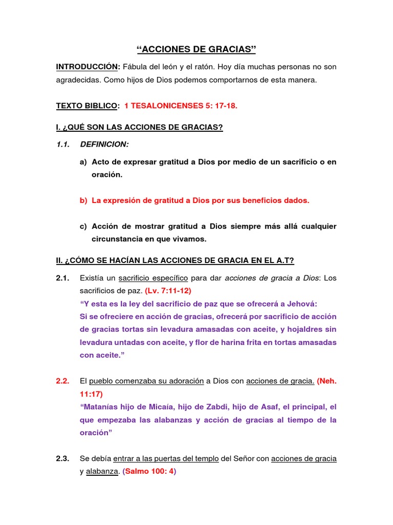Acciones de Gracia (Bosquejo Sermón) PDF Oración Religiones mediterráneas antiguas
