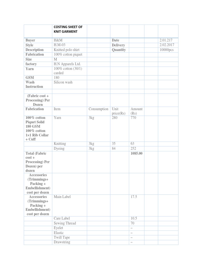 Costing Sheet of Knit Garment Knitting Textiles