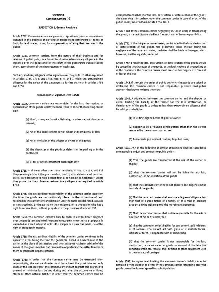 Regulations on the Liability of Common Carriers for Loss or Damage to