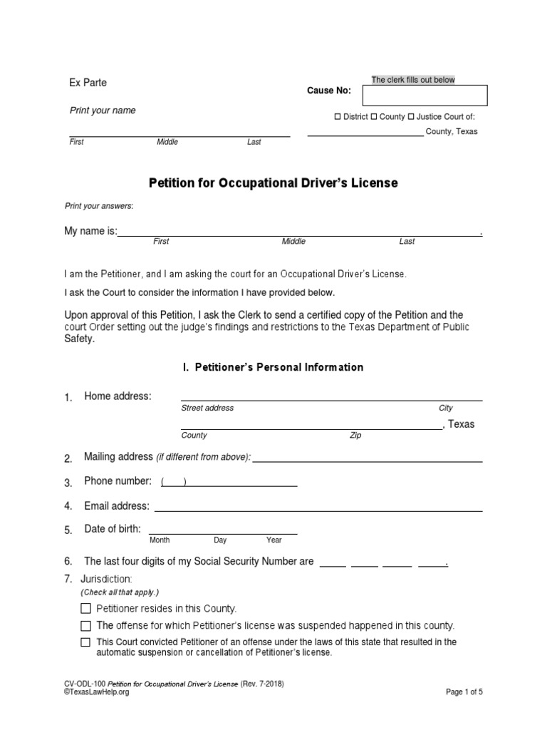 Petition For Occupational Driver's License Print Your Name PDF