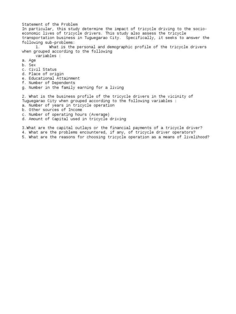 Statement of The Problem Tricycle Drivers