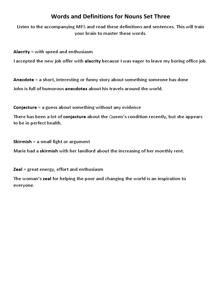 Noun Definitions and Examples Set Three | PDF