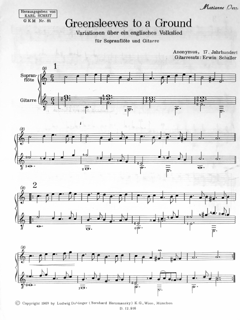 Greensleeves To A Ground Flute and Guitar PDF Entertainment (General)