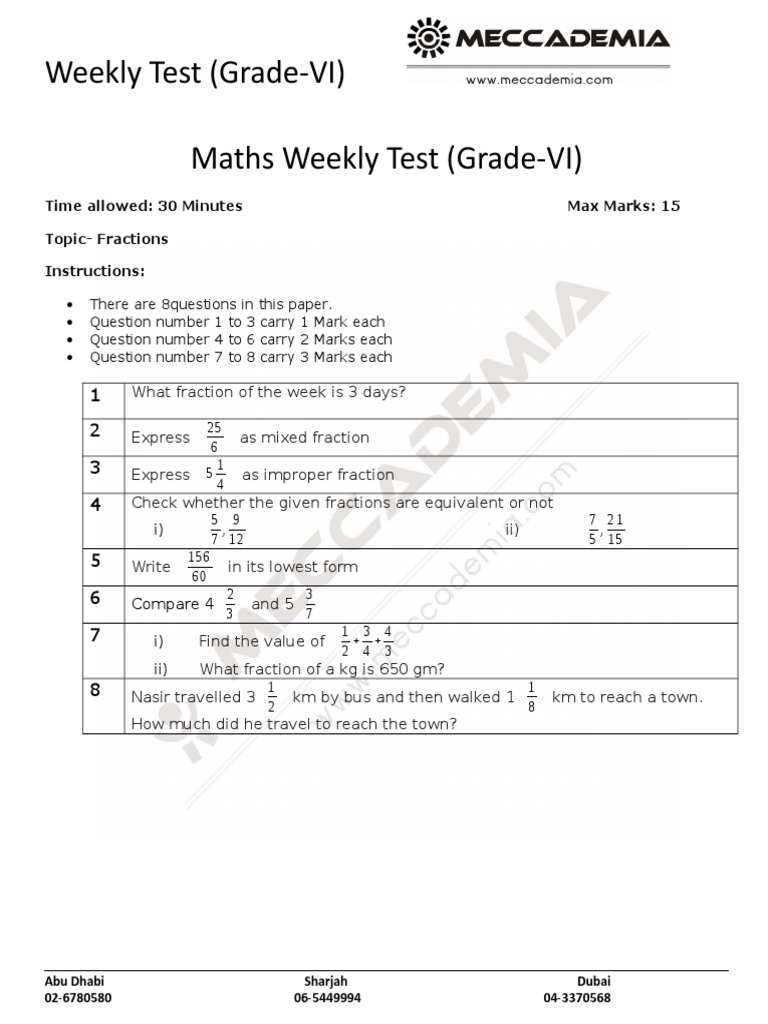 Grade VI Maths Test on Fractions | PDF