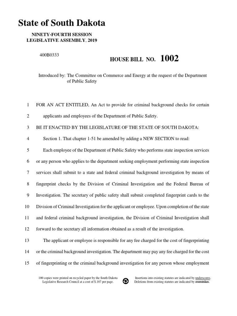 State of South Dakota House Bill No PDF Background Check Public Law