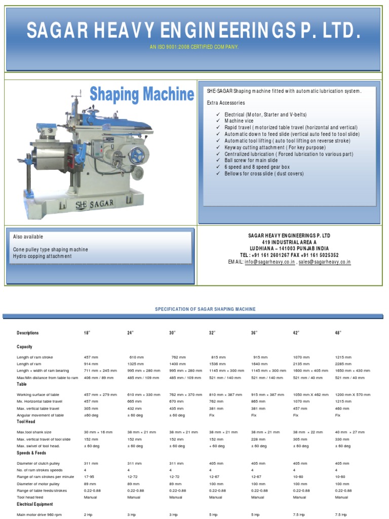 Sagar Shaping Machine Specifications | PDF | Equipment | Machines