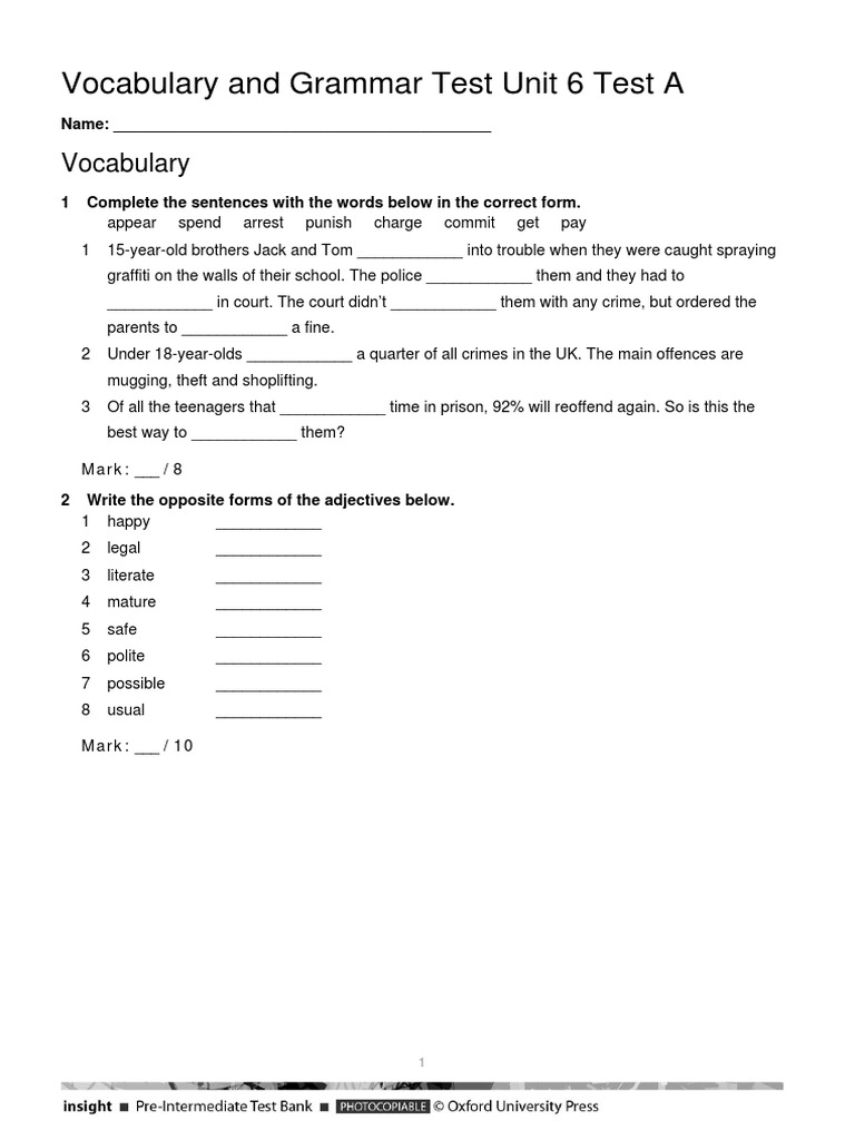Vocabulary and Grammar Test Unit 6 | PDF | International Student | Robbery