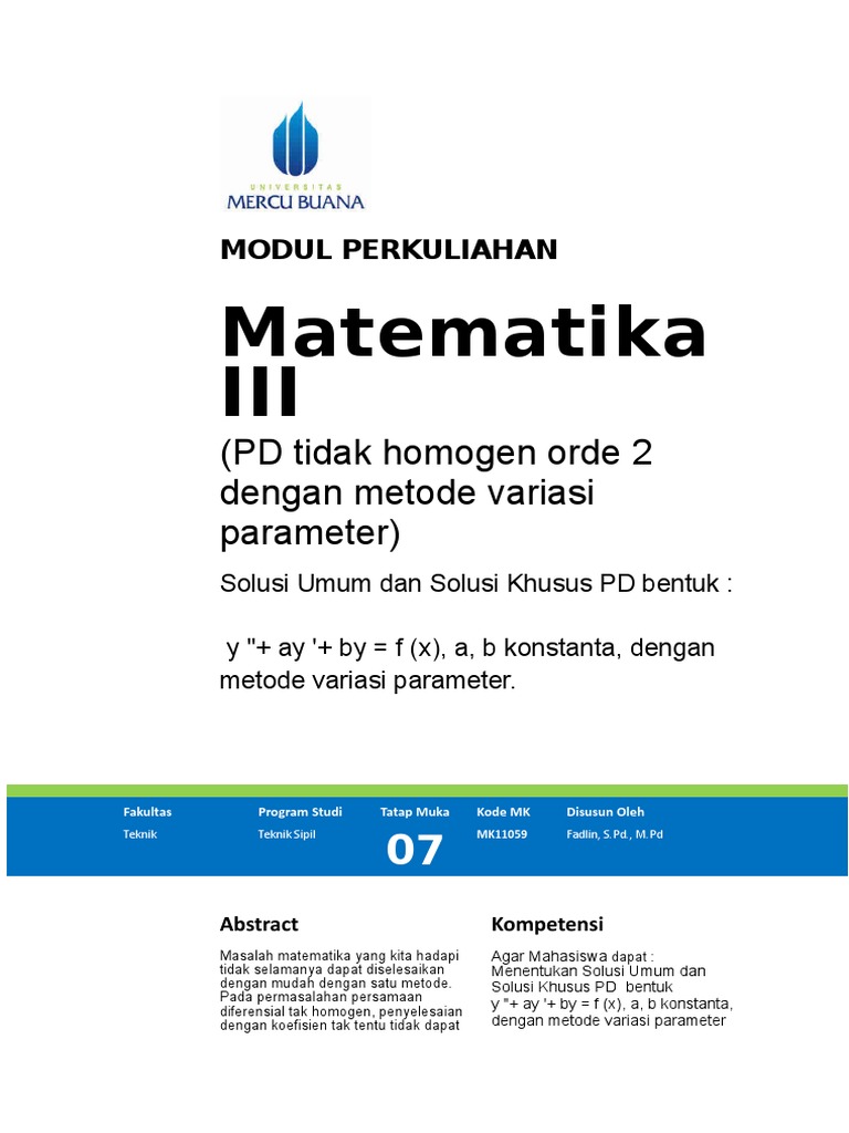 Solusi PD Tak Homogen Metode Variasi Parameter | PDF