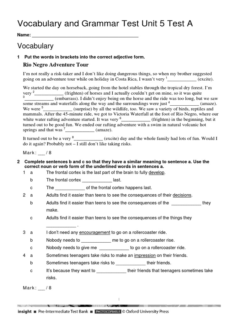 Vocabulary + Grammar Unit 5 Test A | PDF | North Pole | Adolescence