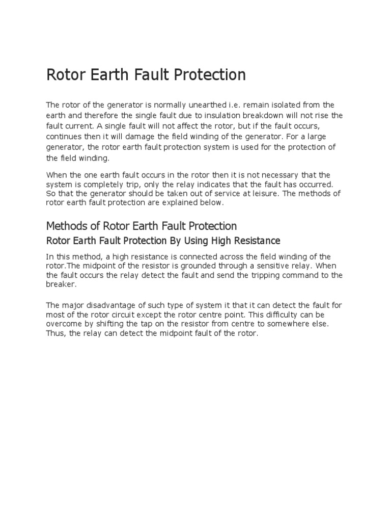 Rotor Earth Fault Protection Methods | PDF | Relay | Transformer