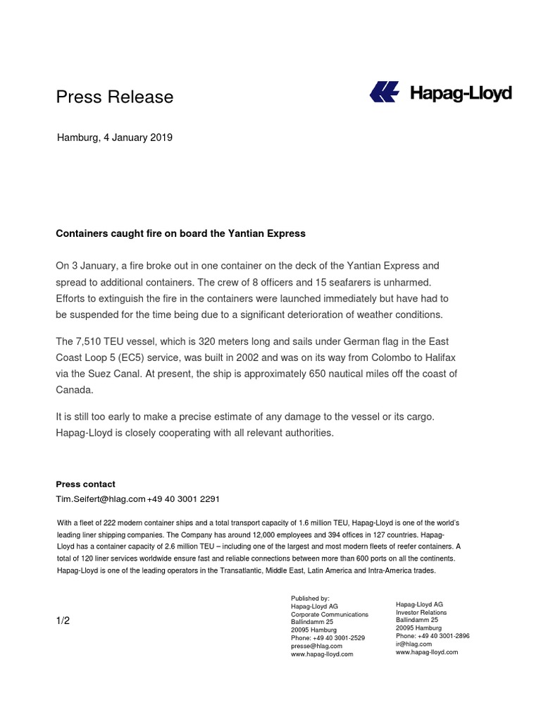 Hapag-Lloyd Press Release | PDF | Merchant Navy | Water Transport
