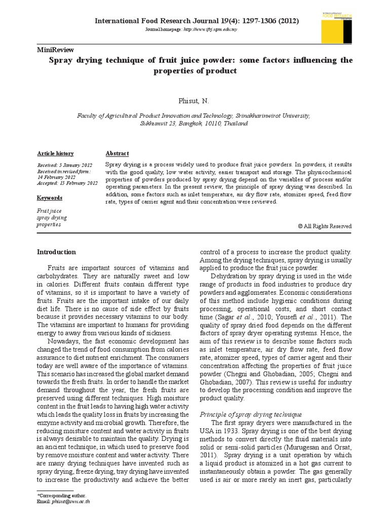 ) Spray Drying Technique of Fruit Juice Powder | PDF | Chemistry ...