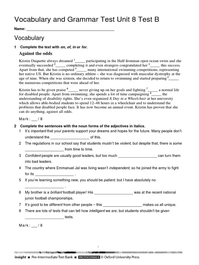 Unit 8 Vocabulary and Grammar Test B | PDF | Test (Assessment ...
