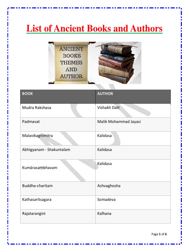 List of Ancient Books and Authors PDF Sanskrit Asian Literature