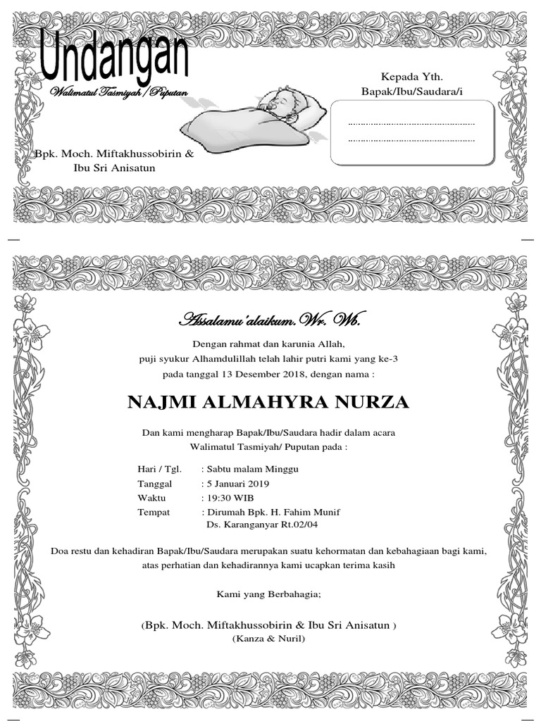 Contoh Undangan Walimatul Tasmiyah