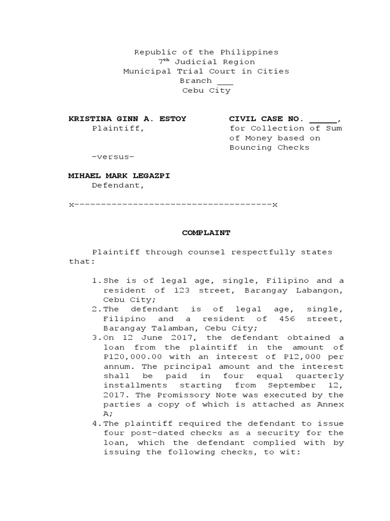 Complaint For Collection of Sum of Money Based On BP22 | PDF | Lawsuit ...